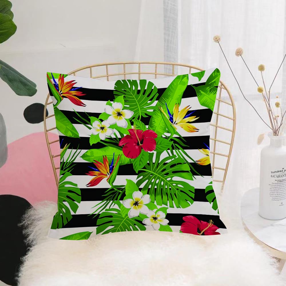 HYOSXW Cushion Cover,Throw Pillow Case Home Decorative for Living Room Bedroom Sofa Chair 16X16 Inch,Black and White Striped Tropical Flowers,Pillowcase 40X40cm