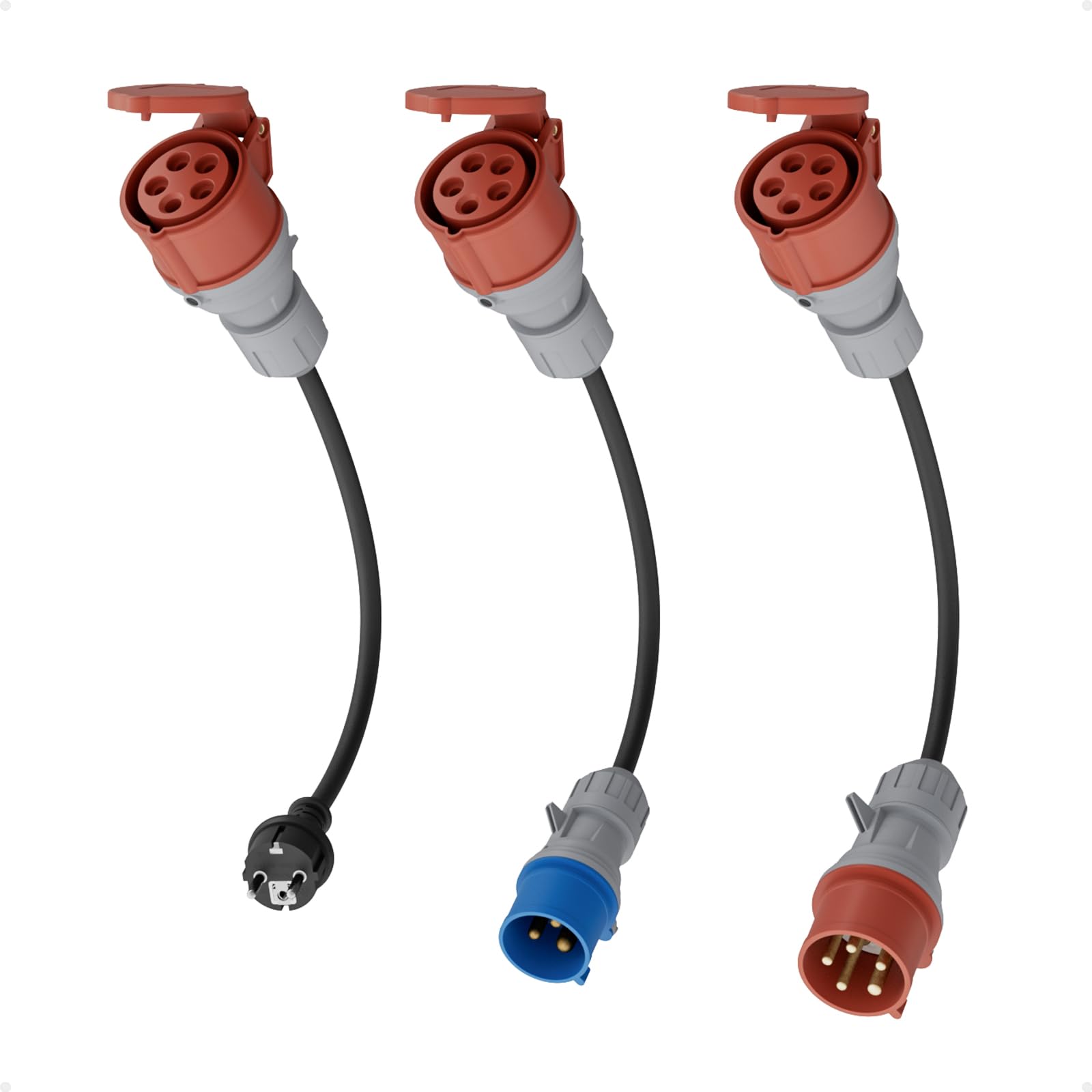 dé Adapter Set CEE 16A 5-Pole per 11kW Caricatore EV/Stazione di Ricarica a CEE Rosso 32A / CEE Blu 16A / Presa Domestica 230V con Cavo in Gomma 0,5m H07RN-F 3G2.5mm² IP44 per Uso Esterno