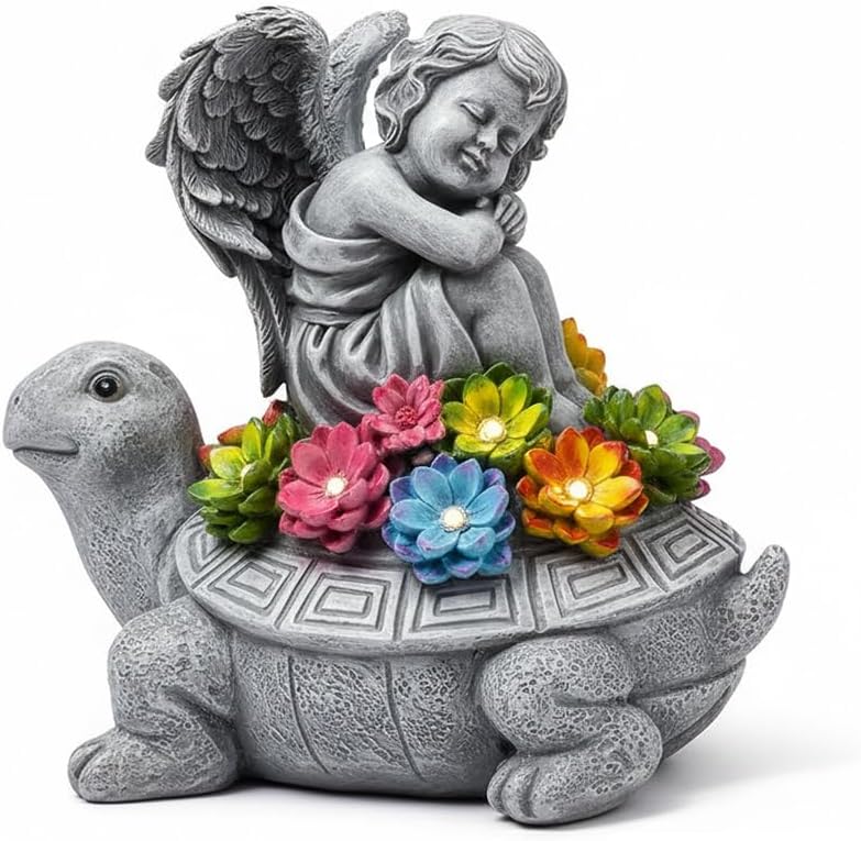 Solar Angel Turtle Garden Statue - IP65 Waterproof Outdoor Decor with 7 LED Lights - Heartwarming Memorial Gifts for Mom, Grandma - Resin Figurine for Patio & Yard