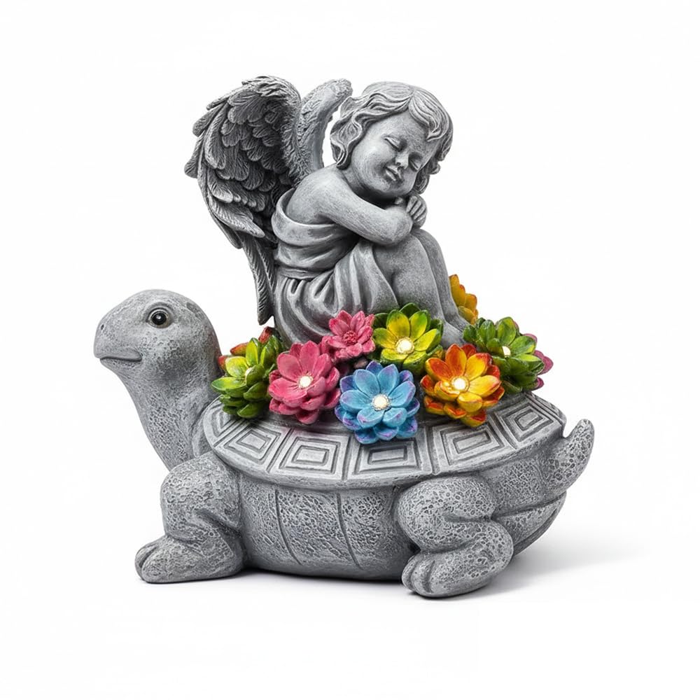 Solar Angel Turtle Garden Statue - IP65 Waterproof Outdoor Decor with 7 LED Lights - Heartwarming Memorial Gifts for Mom, Grandma - Resin Figurine for Patio & Yard