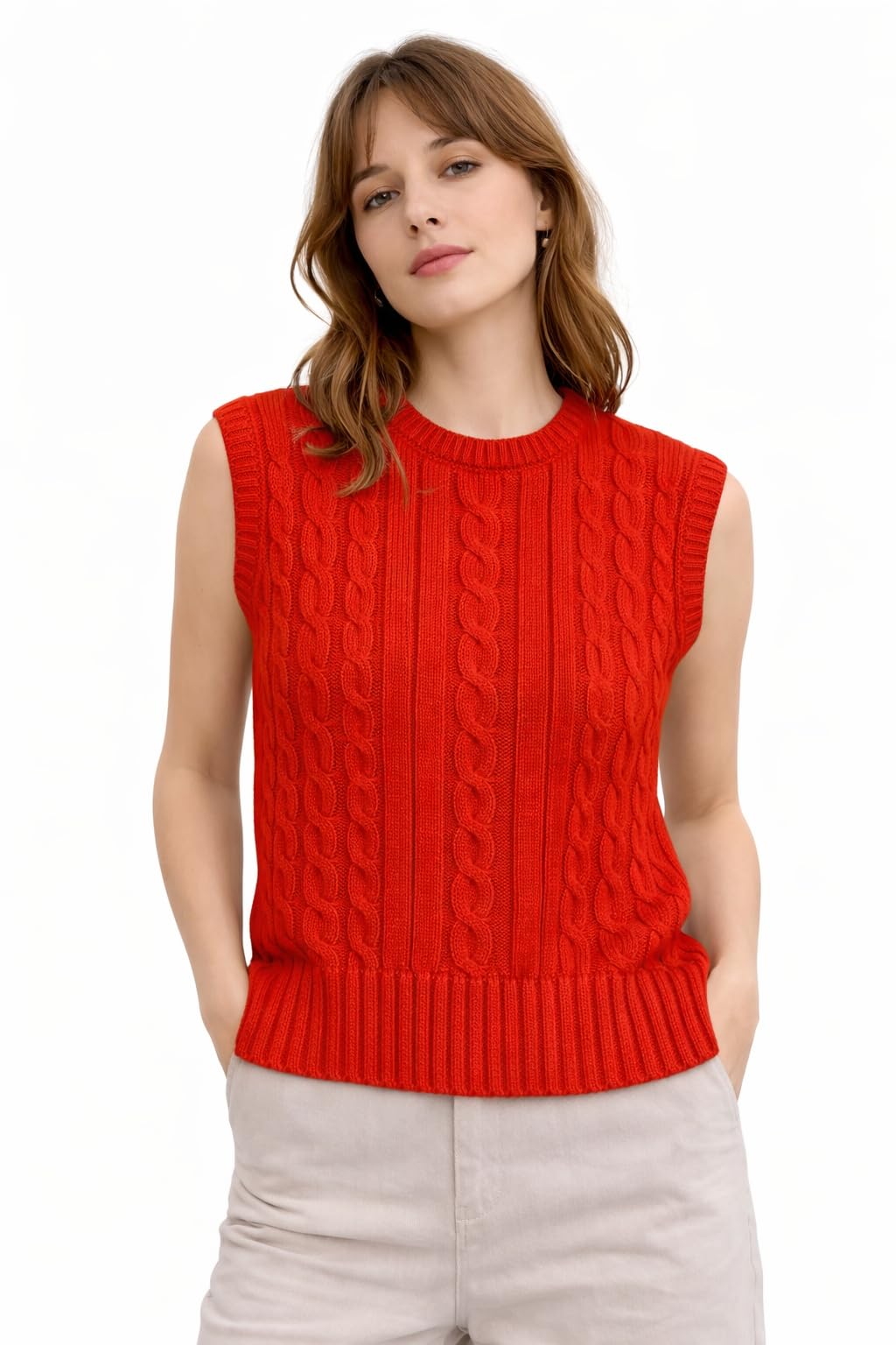 Stylish Women Cable Knit Sleeveless Sweater Vest | Cozy Winter Layering Sweater Round Neck | Soft Warm Winter Wear with Ribbed Hem for Ladies & Girls