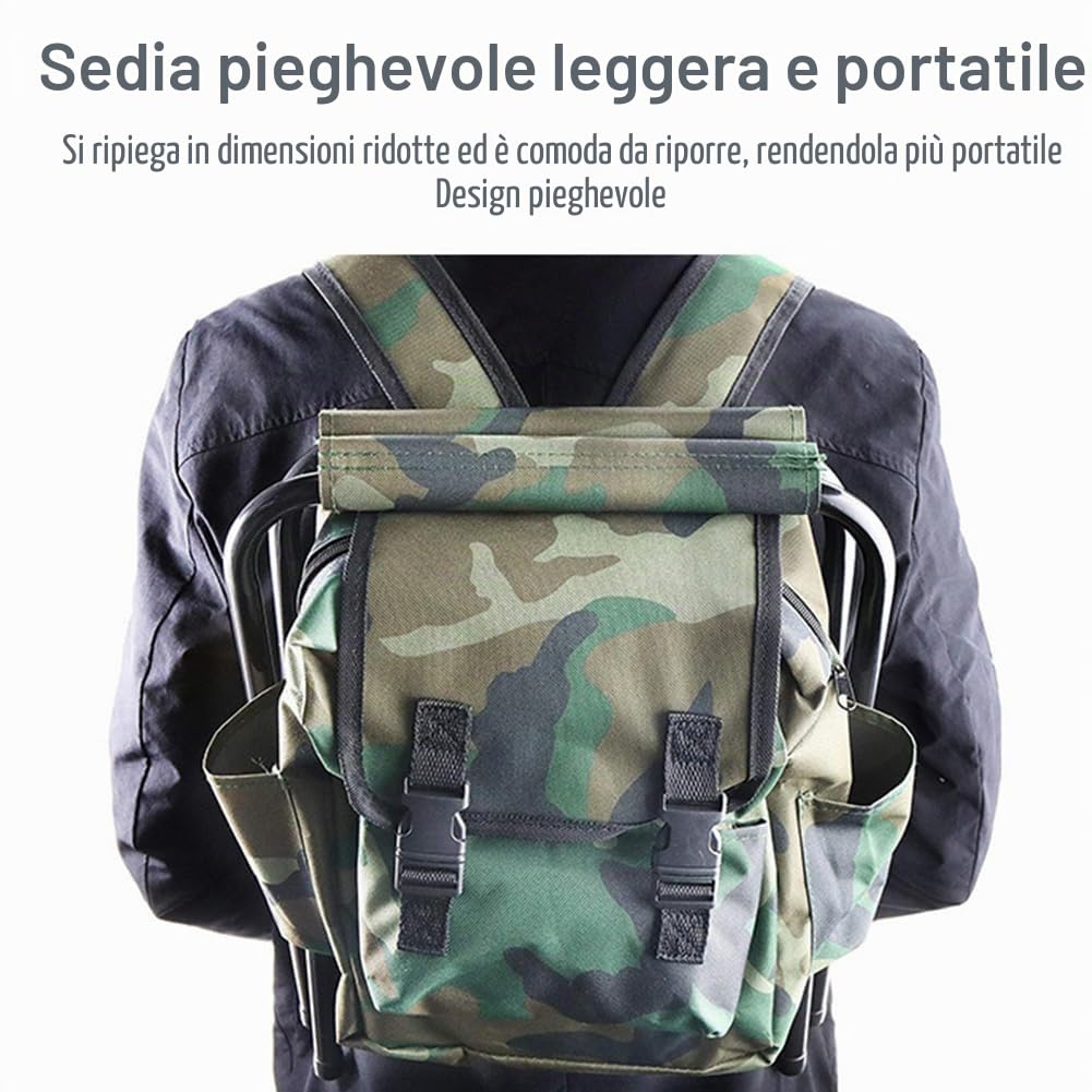 Sgabelli da Campeggio Pieghevoli per Esterni, Sedia da Campeggio Portatile in Tessuto Oxford con Zaino Carico Massimo 100kg per Pesca, Campeggio, Picnic, Barbecue, Mimetico