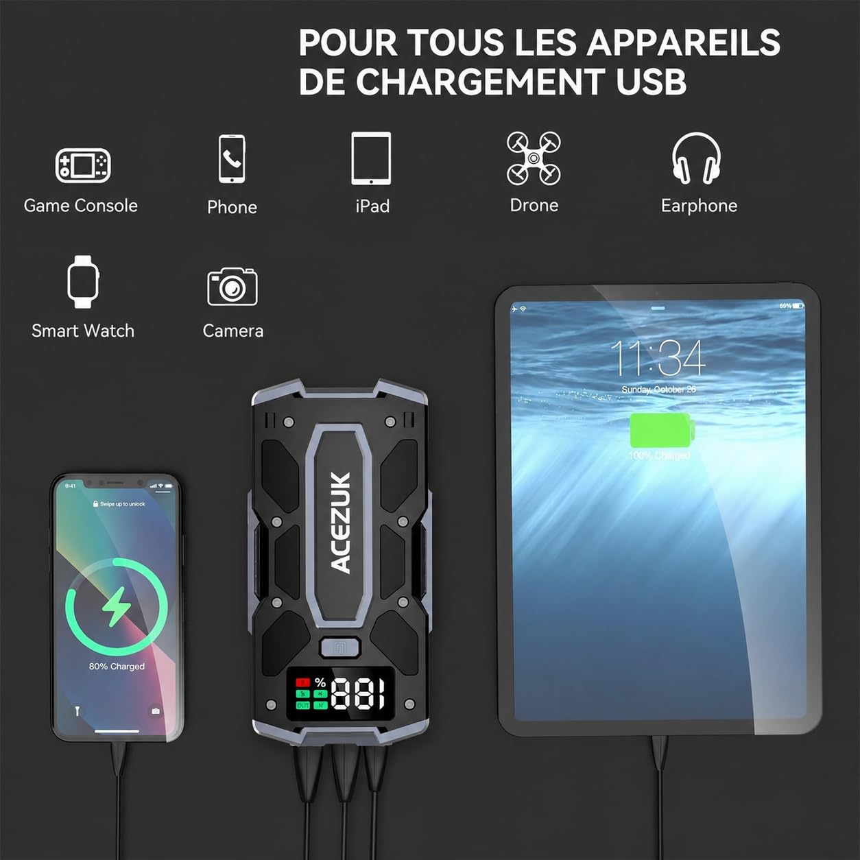 ACEZUK Booster Batterie Voiture 9000A, Démarreur de Batterie de Voiture Portable(Jusqu'à 8.0L Diesel ou 10.0L Gaz), 12V Jump Starter, Pinces Intelligentes avec Écran, Lumière LED, Port de QC3.0