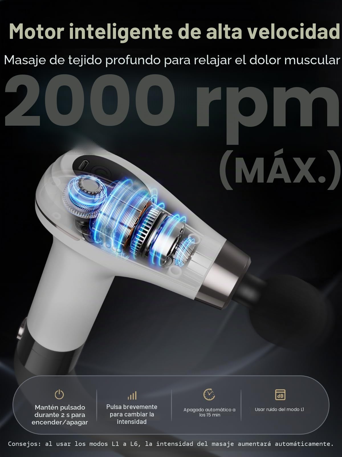 Cotsoco Pistola de Masaje con Mango de Extensión Mejorado - Masajeador de Percusión Profunda para la Espalda con 4 Cabezales de Masaje y 6 Niveles de Velocidad, Regalo para Él y Ella