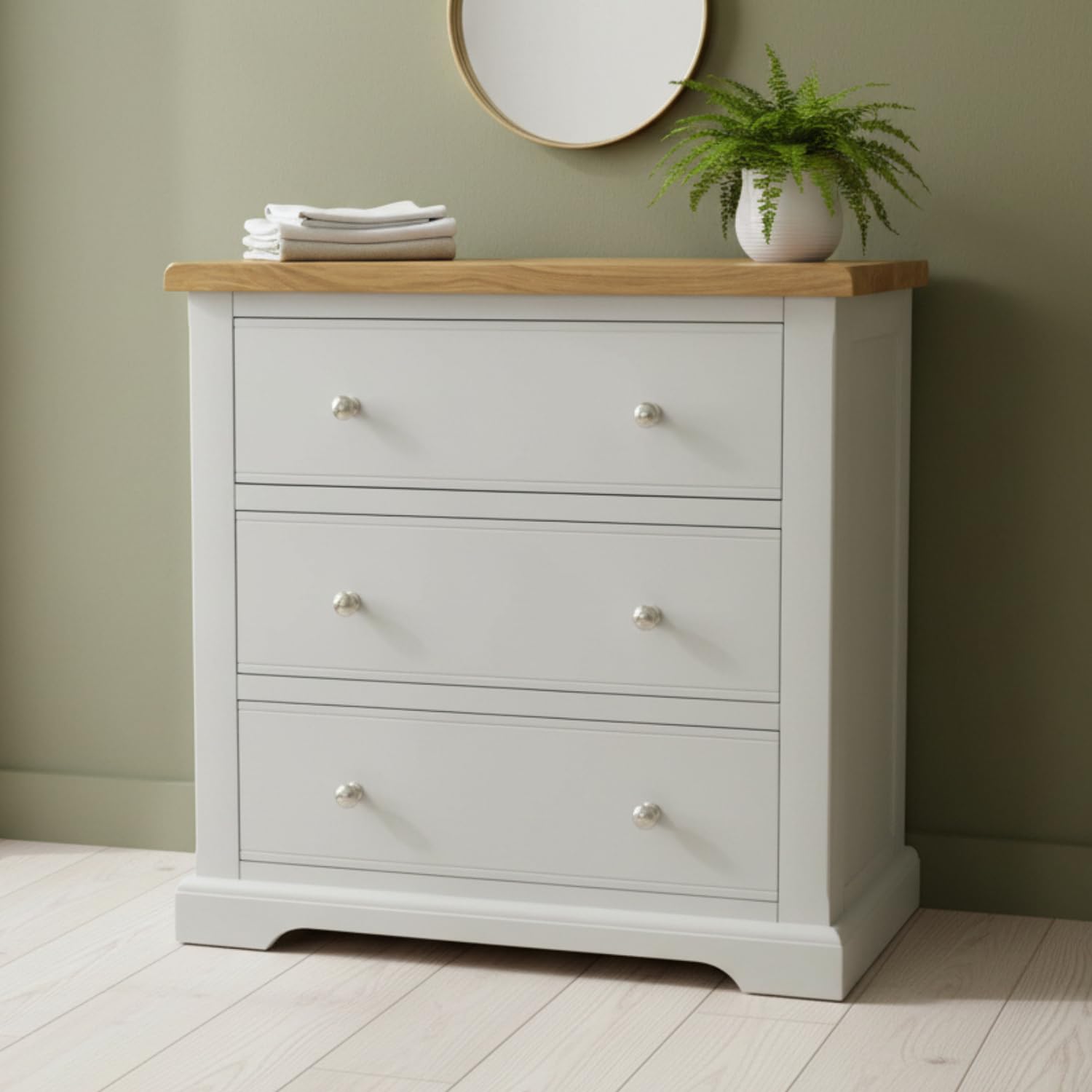 GROF GROFurniture Painted Chest of Drawers for Bedroom 3 Drawers Storage Chest with Oak Top - Deep Storage Drawers Baby Changer Chest Suitable for Small Room Ready Assembled