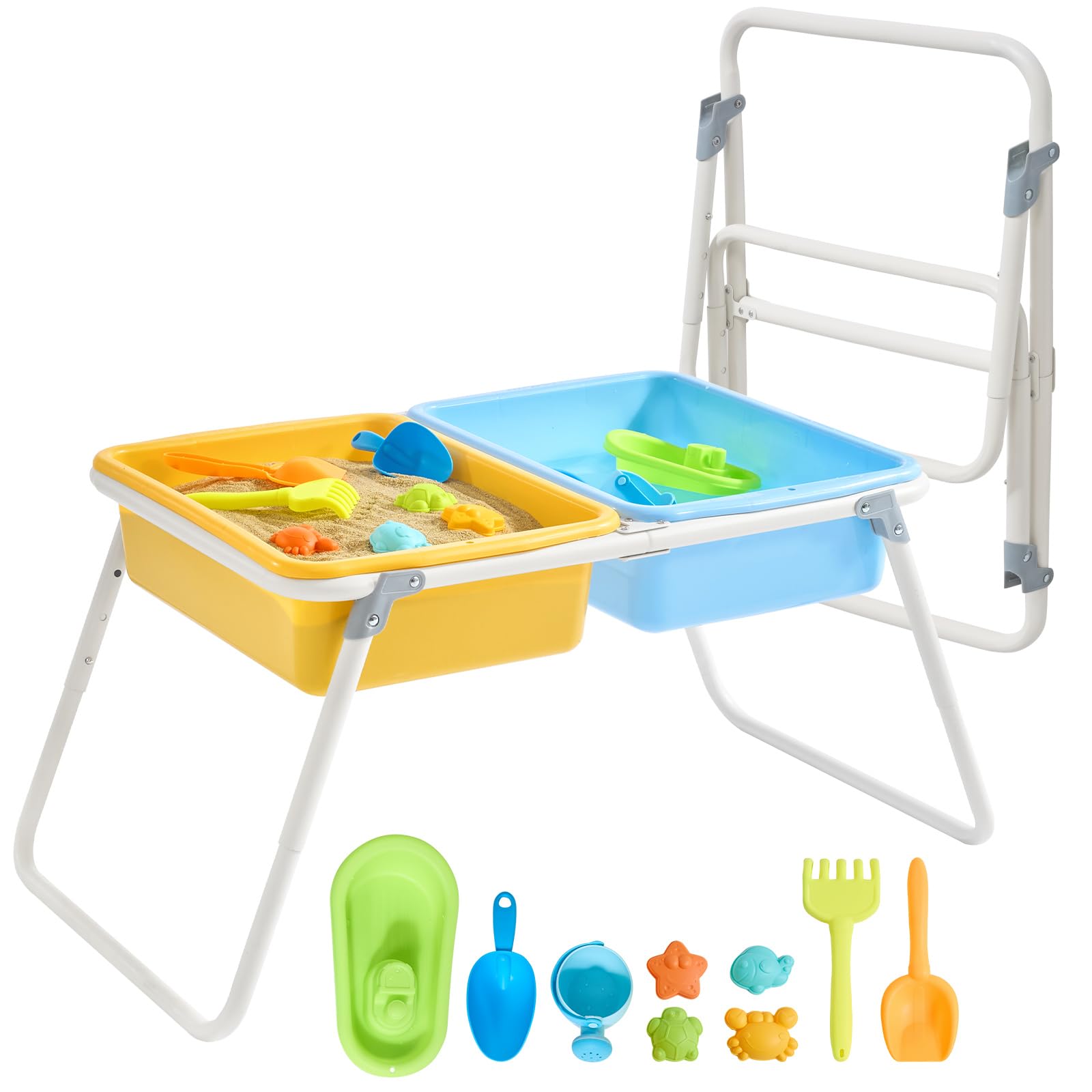 FUNLIO Table de Sable et d’Eau Pliante pour 3-6 Ans, Table Sensorielle pour Tout-Petits Réglable en Hauteur avec Housse Anti-Poussière, 2 Boîtes de Rangement & Accessoires de Plage, Portable