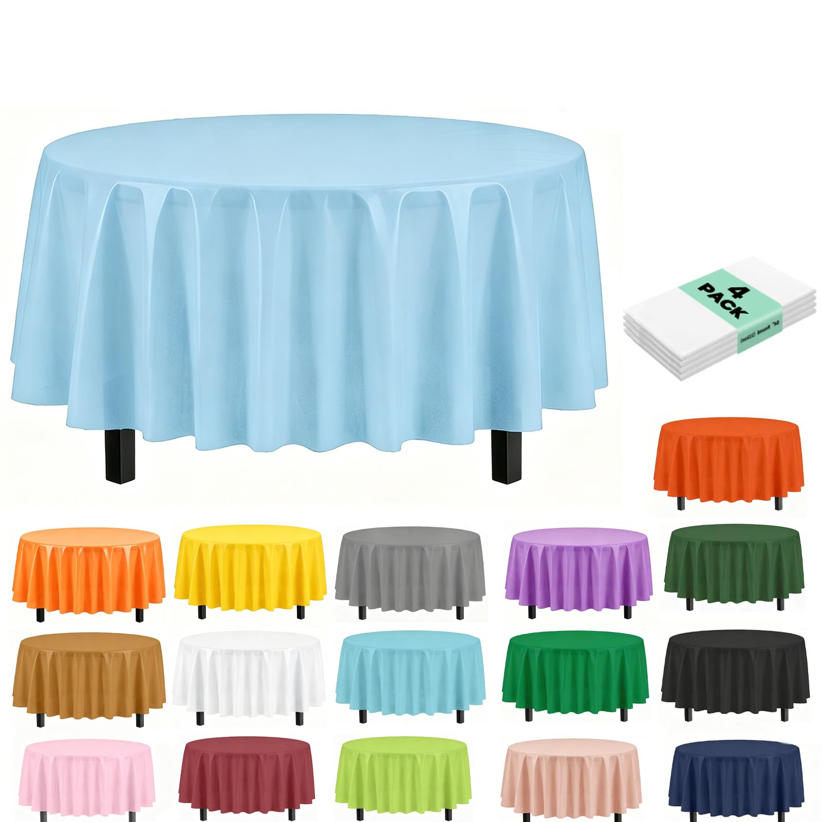 4Pack Plastic Light Blue Party Tablecloths for Round Table, 84 inch Large Round Disposable Table Cover for Party, Decorative Paper Tablecloth Bulk for Picnic, Baby Shower,Wedding,Birthday,Christmas