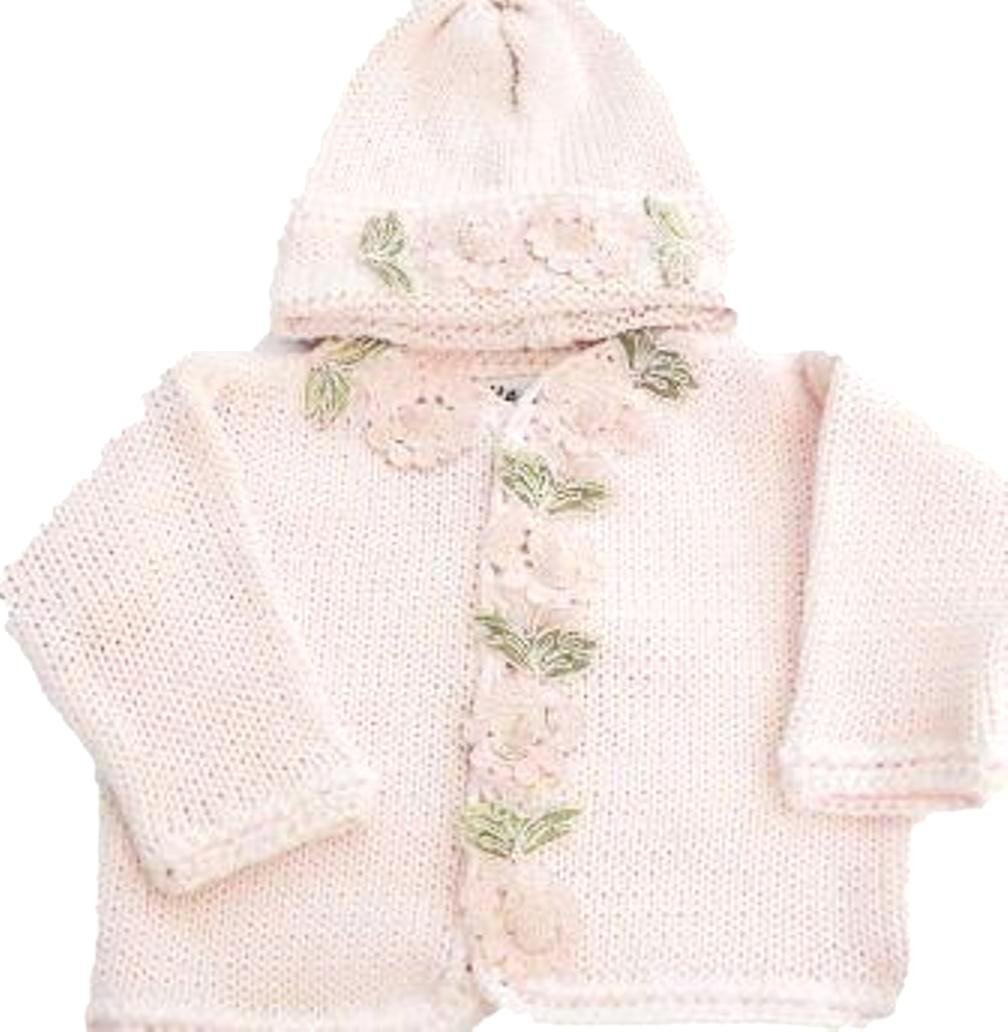 Knitted Crochet Finished Pink Cotton Cardigan Hat Set with Floral Ribbons (0-6 mo)