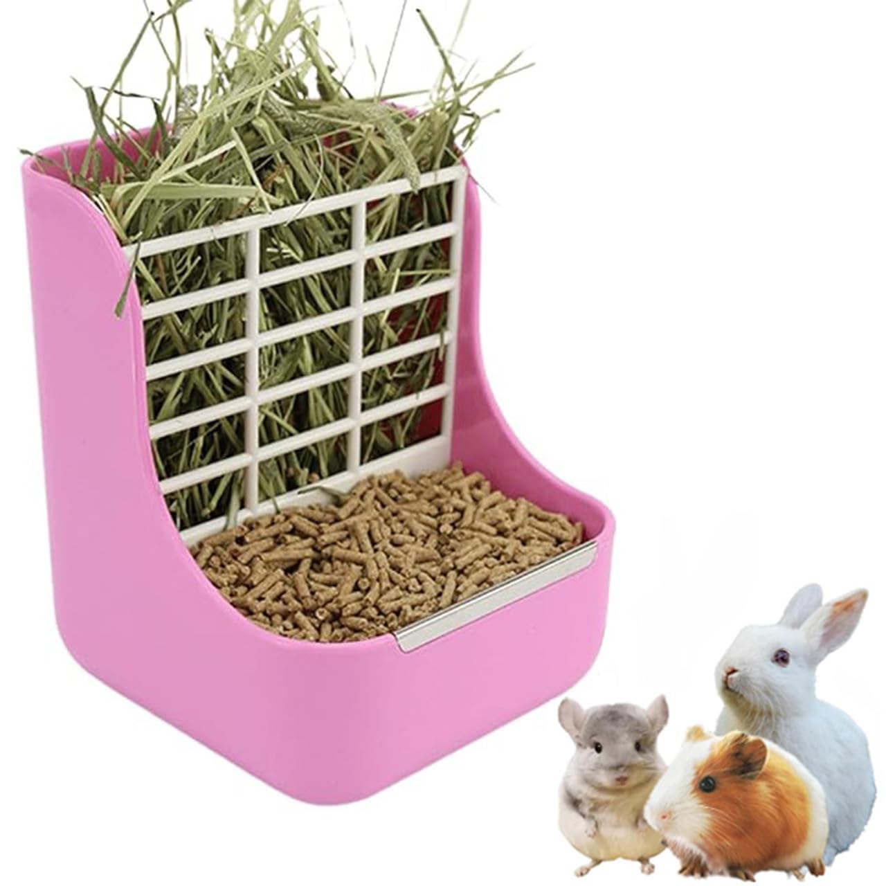 ZYYRSS 2 in 1 Food Hay Feeder for Guinea Pig, Rabbit Feeder, Indoor Hay Feeder for Guinea Pig, Rabbit, Chinchilla, Feed Bowls Use for Grass & Food (Pink)