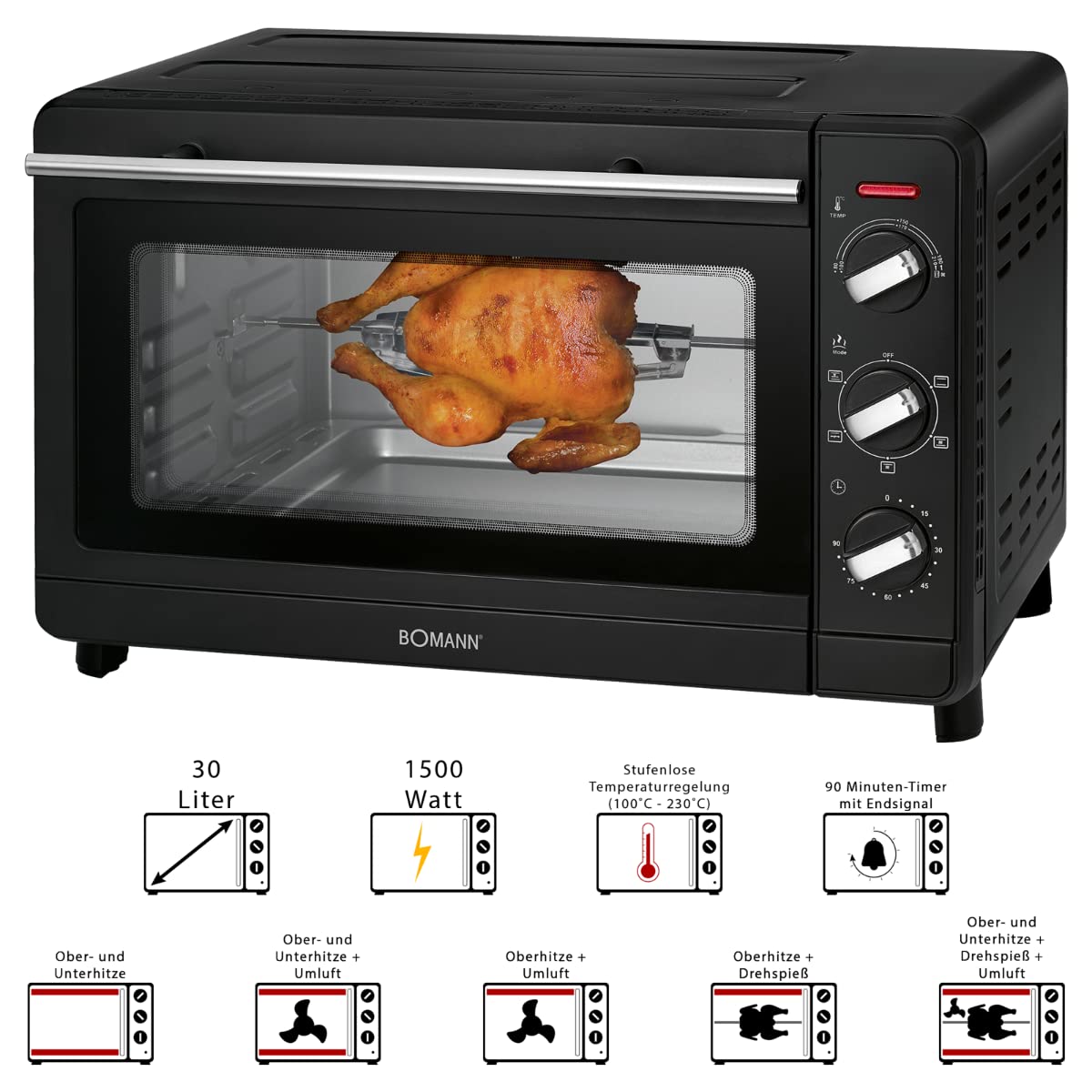 Bomann Multi-Backofen | 30 Liter Backraum | Ober + Unterhitze | Kombibetrieb | 6-Stufenschalter | 100 °C–230 °C | Drehspieß | Pizzastein (29 cm) | Krümelblech | Sichtfenster | 1500 Watt | MBG 6023 CB