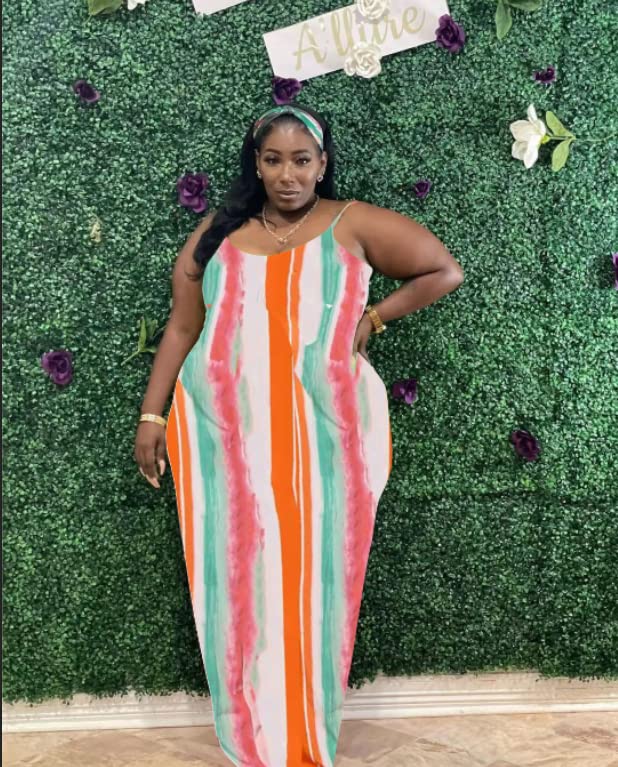 Image of BFFBABY Womens Summer Suspender Maxi Dress Plus Size Striped Printed Sleeveless with Pockets and Belt