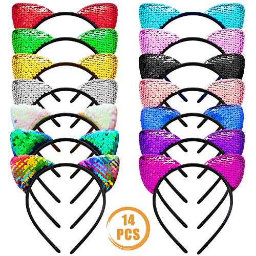 Quacoww 14 Pieces 2 Style Cat Ear Headband Shiny Cute Sequin Headband Girls Women Hair Accessories for Daily Life Party Cosplay 14 Colors
