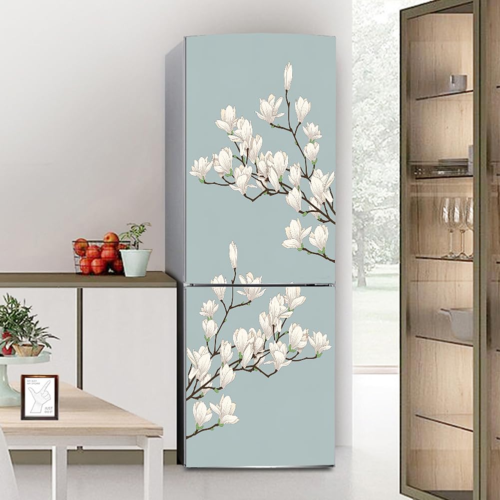 Targawerelax White. Fridge Wraps Kitchen Fridge Stickers Cover Full Doors, Fridge Sticker Full Covering Door Fridge Covers Skins Wall Stickers For Kitchen Decal, White Flower Magnolia