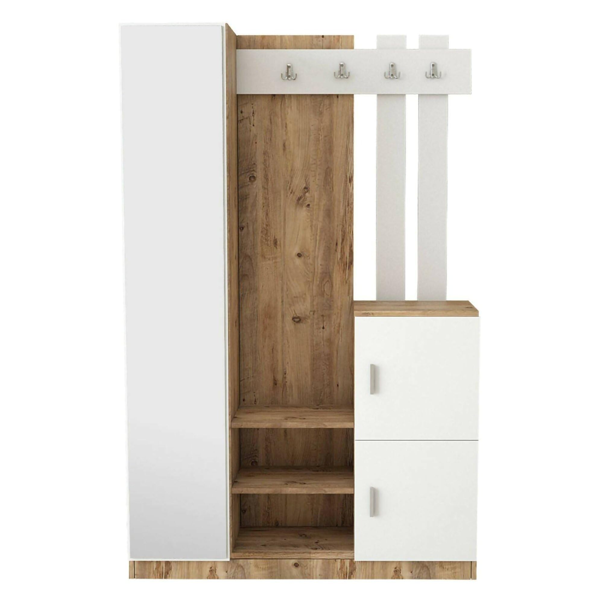 Dmora Mobile da Ingresso Australis, Entratina Appendiabiti, Composizione per atrio, Consolle portaoggetti Multifunzione, 114x38h180 cm, Quercia e Bianco
