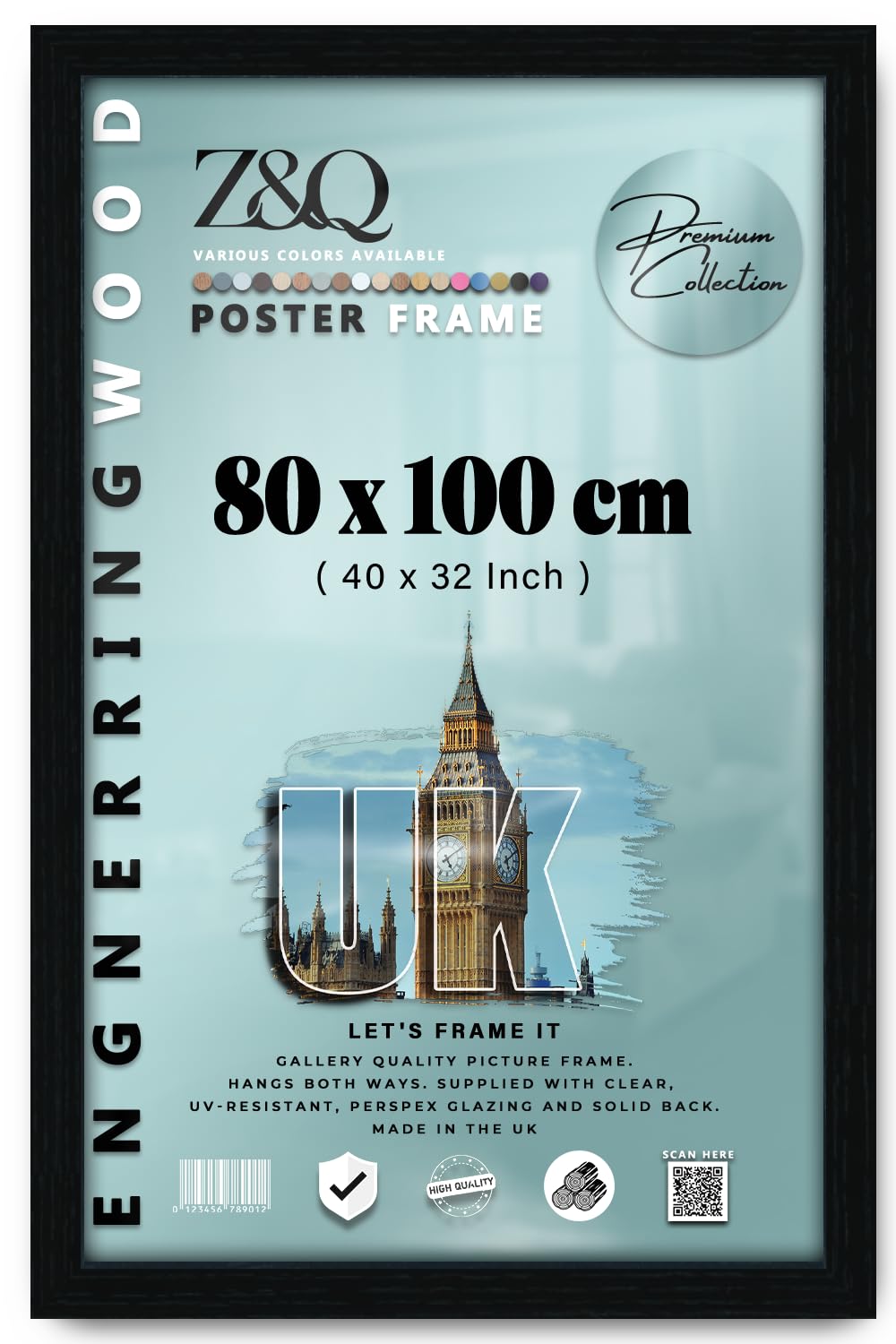 Z&Q - MDF Wood (80 x 100 CM) Poster/Picture Frame | Ideal for Wall Gallery 40 x 32 Inch Frame for Art and Home Décor [ Black ]