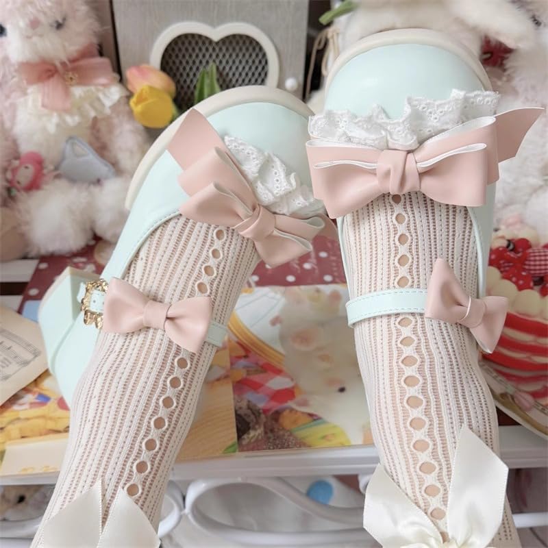 ZQW Women's Kawaii Mary Jane Shoes Low Block Heel Round Toe Bow Lace Trim Sweet Cute Ankle Strap for Lolita Cosplay Daily Wear Party Shoes3