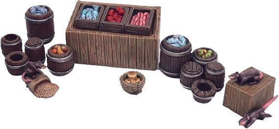 War World Gaming Fantasy Village Street Market Stall and Barrels Set 28mm Heroic Scale Wargaming Terrain Model Diorama Scenery Wargame Tabletop Medieval Battle Wargame Battleboard