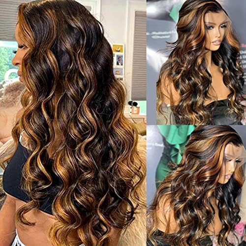 Arabella 24inch Highlight Ombre Lace Front Wig Human Hair 13x4 HD Transparent 1B/30 Honey Blonde Lace Front Wig Human Hair Pre Plucked Colored Wigs Human Hair 180% Density Body Wave Lace Front Wig Human Hair