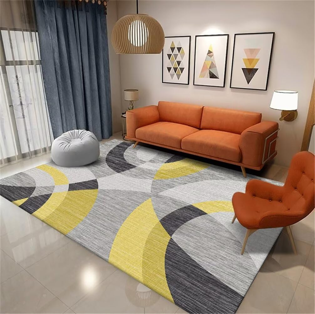 Tapis grande taille salon 200x300 cm géométrique moderne jaune gris tapis protection sol lavable