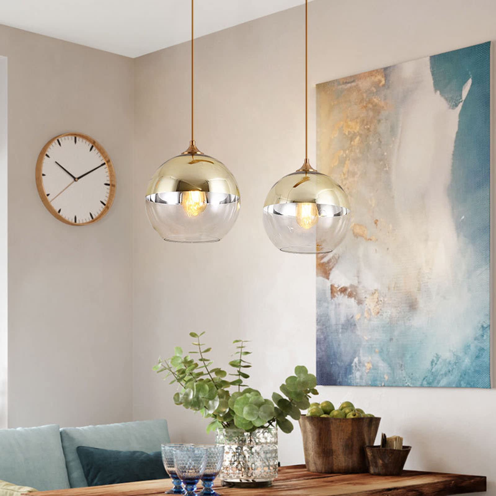 Lampa wisząca z 2 lampkami ze złotym szklanym kloszem, gniazdo E27, lampa wisząca, pojedynczy żyrandol w kształcie kuli do jadalni i wyspy kuchennej