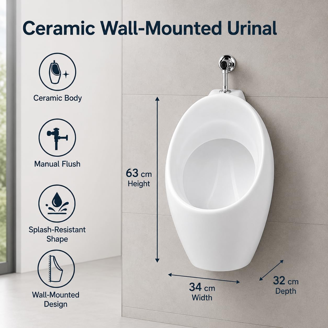 MAGIC SELECT Urinario de Pared Cerámico Blanco 340 x 320 x 620 mm | Orinal Masculino Mural Compacto, Con Kit de Instalación y Desagüe, 340 x 320 x 620 mm, Para Baño, Bar, Restaurante y Oficina