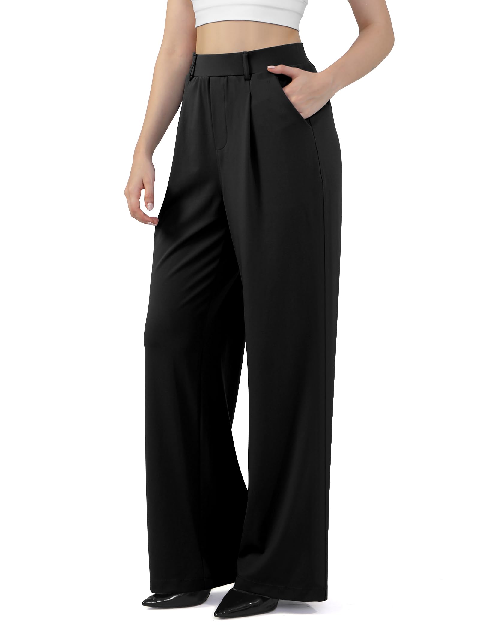 Wide Leg Work Pants for Woman Stretchy Office Slack Pants Pull On Business Trousers with Pockets