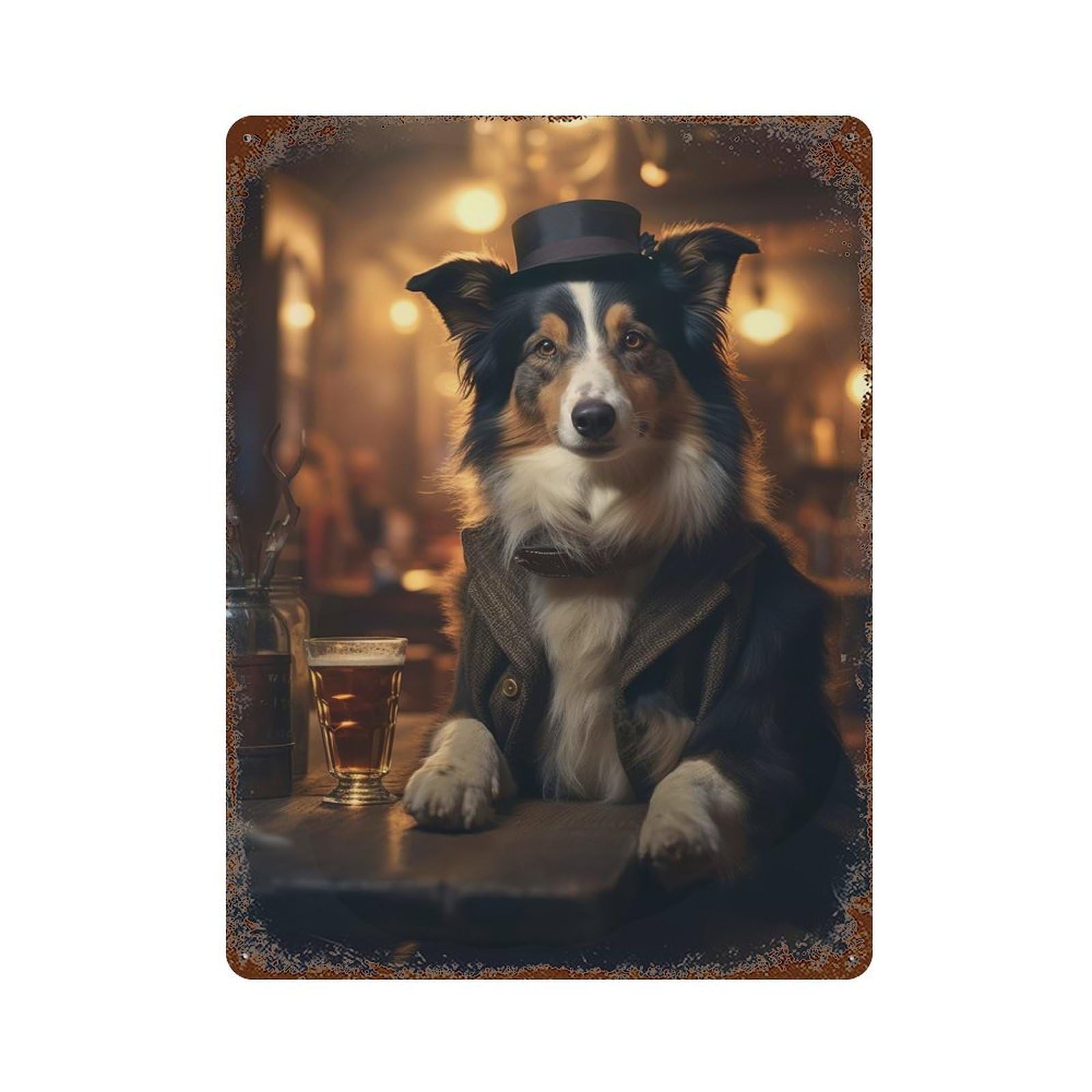 Border Collie in The Pub 15.7"x11.8" Vintage Rust Metal Sign, Shabby Chic Decor for Garage, Bar And Workshop Decor