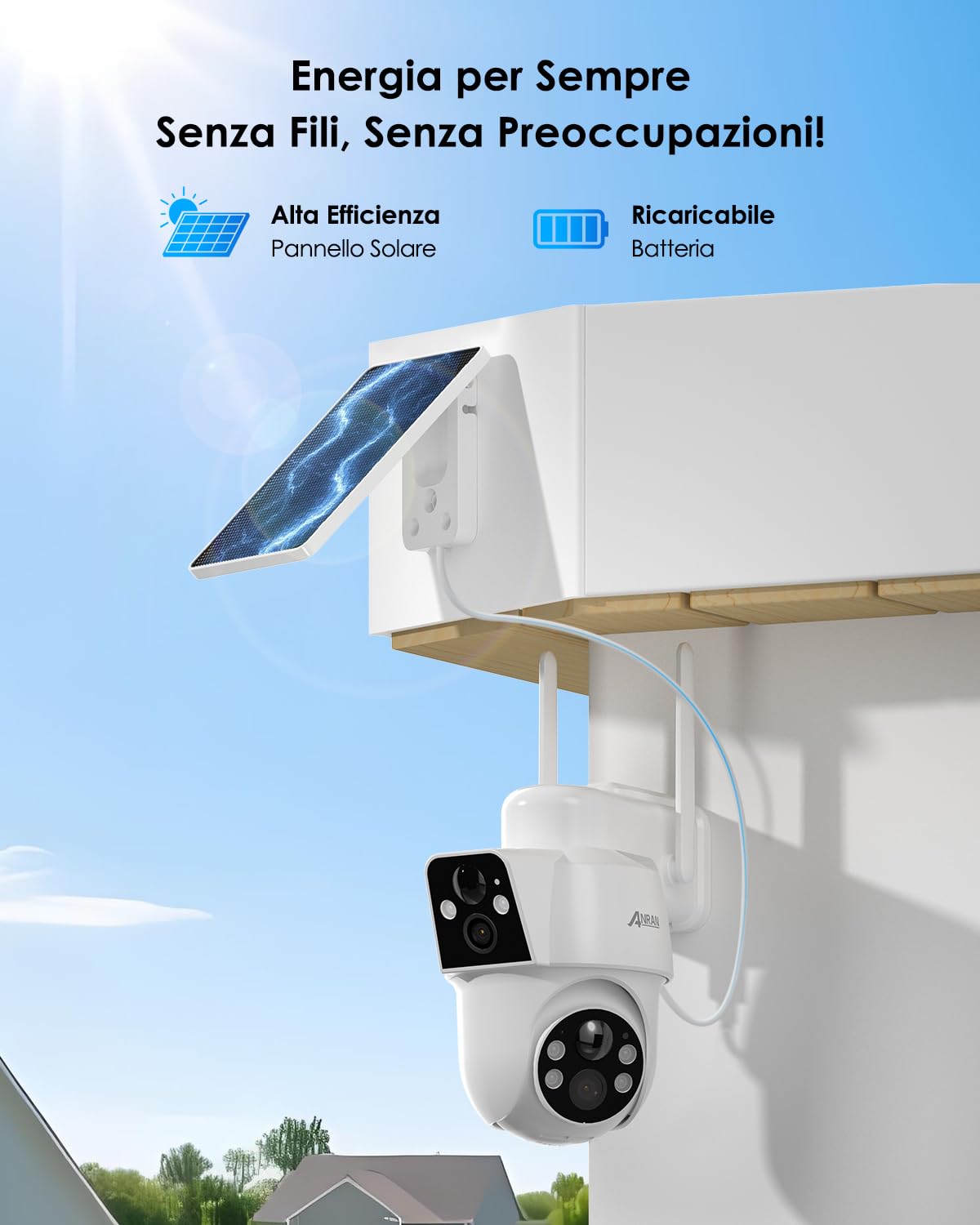 ANRAN 2-in-1 Dual-Lens 360°/180° WIFI Telecamera Esterno Solare, 2Pcs | 2K PTZ Telecamera CCTV Wireless con Visione notturna a Colori, Rilevamento del Movimento PIR, Audio Bidirezionale