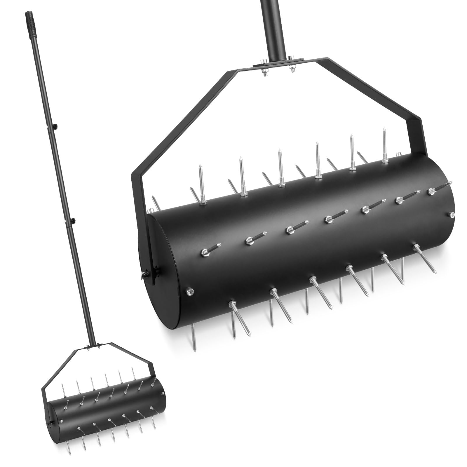 Ręczny napowietrzacz trawnika, aerator do trawnika, rolka z 39 gwoździami (6 cm) i trzonkiem, ręczny wertykulator, wałek do trawników w ogrodzie (44 cm x 141 cm/93,5 cm)
