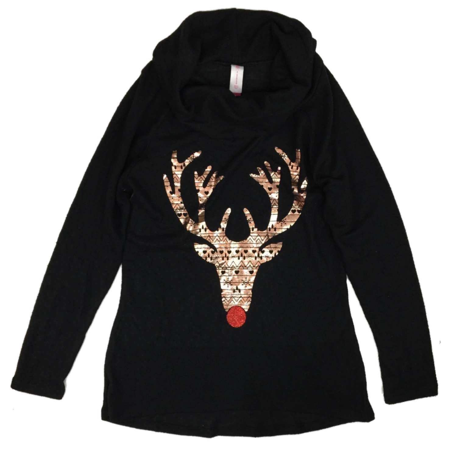 Nobo Junior Womens Black Lightweight Green Cowl Neck Holiday Sweater Reindeer Shirt
