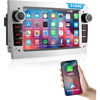 ESSGOO 2+64G Wireless Car Radio Android 14 with Carplay and Android Car for Opel Astra H Corsa C/D Vectra C Zafira 7 Inch IPS Touchscreen Bluetooth FM RDS GPS Silver Microphone