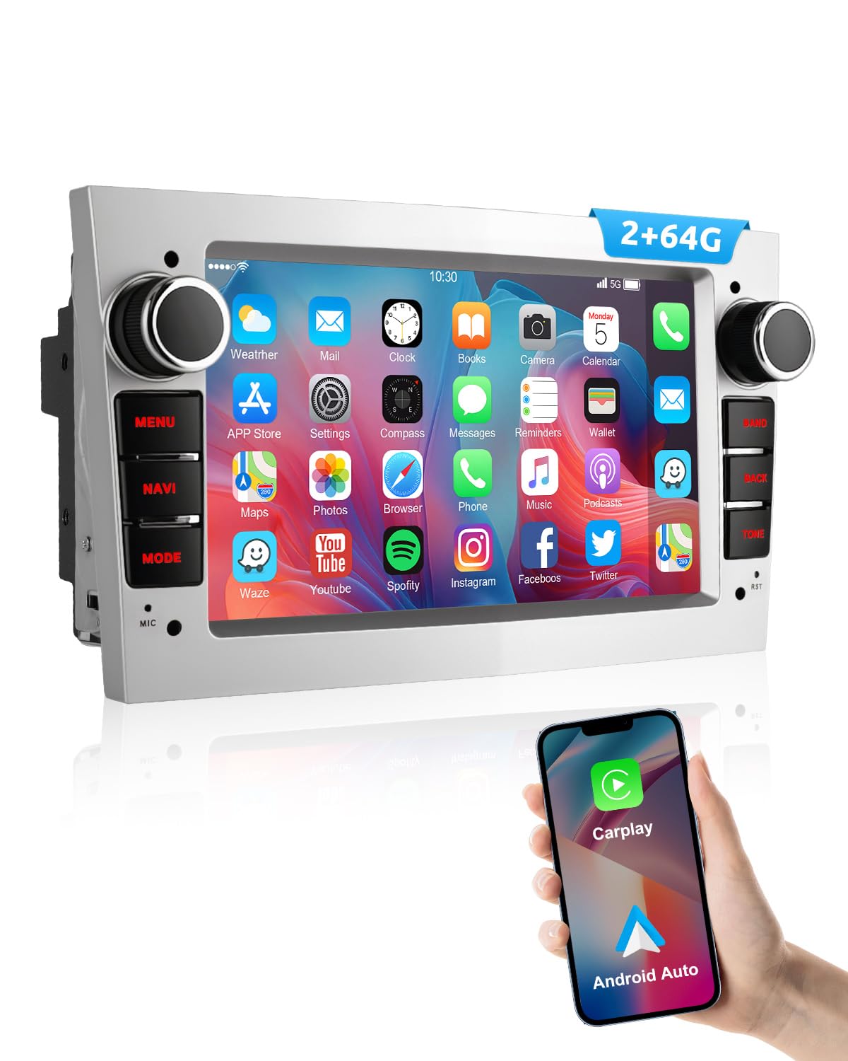 ESSGOO 2+64G Wireless Autoradio Android 14 mit Carplay und Android Auto Für Opel Astra H Corsa C/D Vectra C Zafira 7 Zoll IPS Touchscreen Bluetooth FM RDS GPS Silber Mikrofon