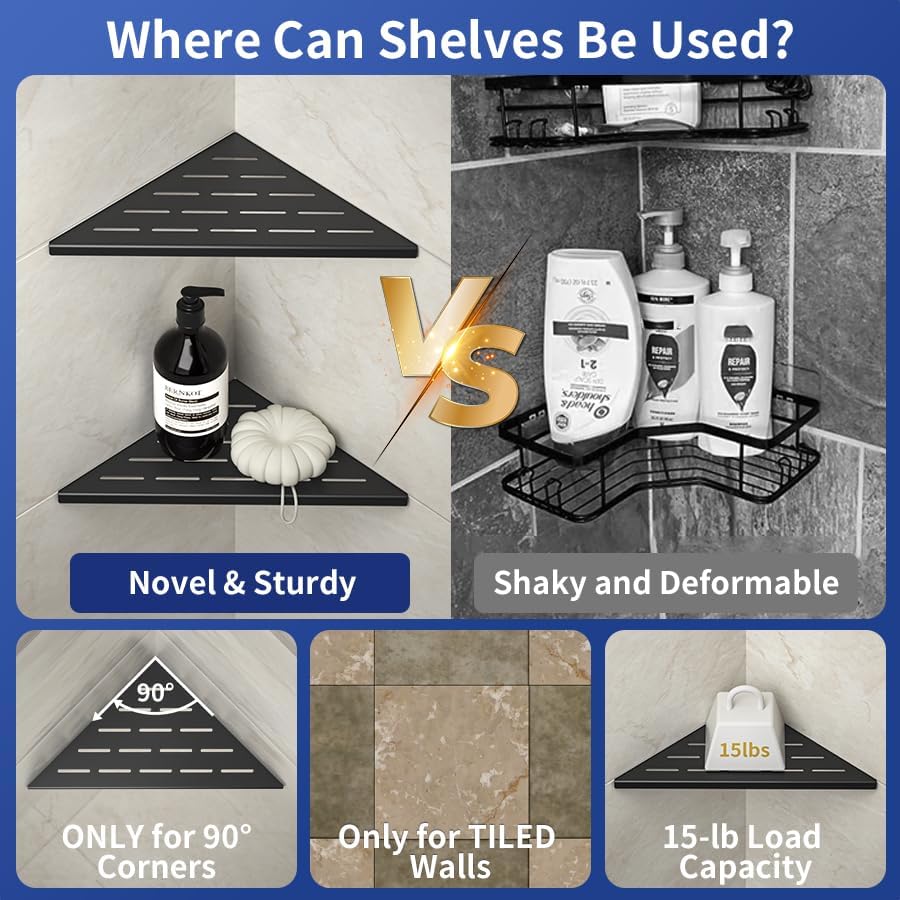 Miniatura 4 de Estante esquinero de ducha de 10 pulgadas, color negro mate con diseño de ranura de acero inoxidable 304, estantes esquineros empotrados, estante de