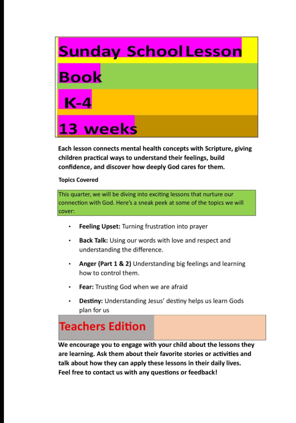 Sunday School Lesson Book Grades K–4: Teacher’s Edition: The Feelings Book: How God Helps Us with Fear, Anger, and Joy (Faith and Feelings: God’s Way for Every Age)