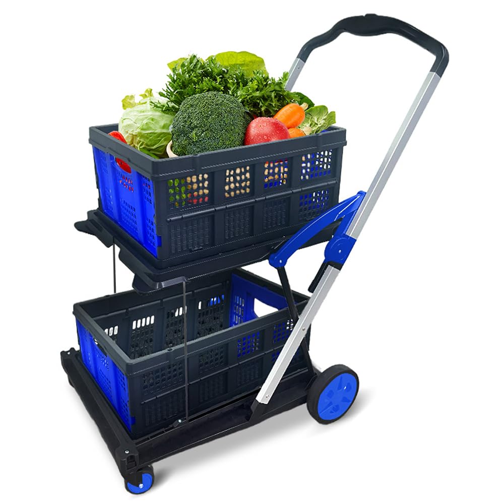 Two Layers Folding Shopping Cart | Multi Use Functional Collapsible Carts | Collapsible Grocery Carts | Shopping Cart with Storage Crate | Utility