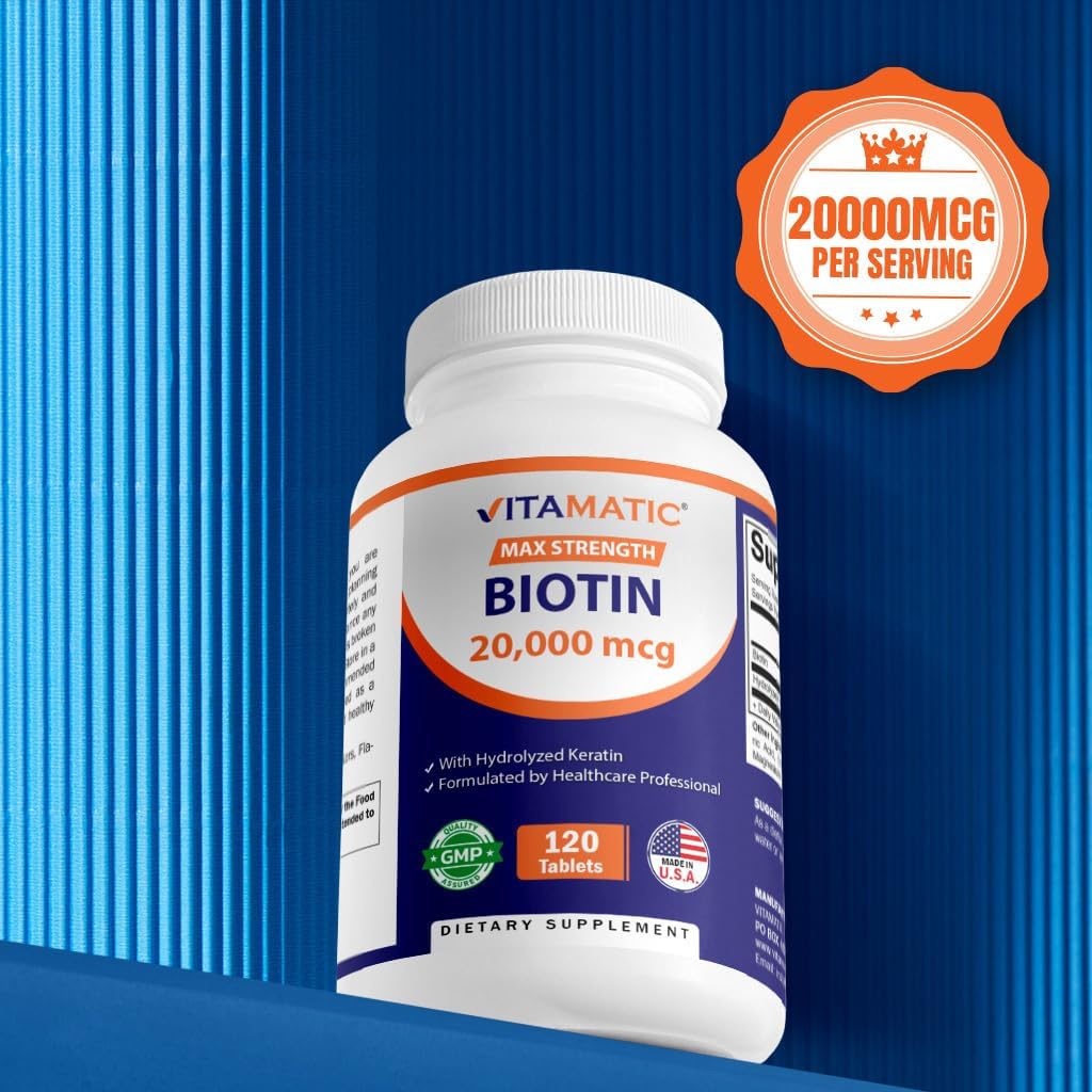 Vitamatic High Potency Biotin 20000 mcg (20mg) with Keratin 100mg - 120 Tablets - Biotin Supplements for Healthy Hair Skin & Nails for Adults (120 Count (Pack of 3))