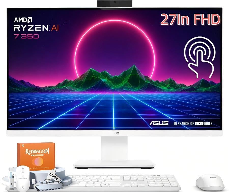Image of ASUS All-in-One Desktop Computer 27 Inch Touchscreen, AMD Ryzen AI 7 350 (Up to 5.0GHz), 32 GB DDR5 RAM, 1 TB SSD, AMD Radeon 860M Graphics, Wi-Fi 6, Copilot+ PC, Keyboard & Mouse, Windows 11 Pro