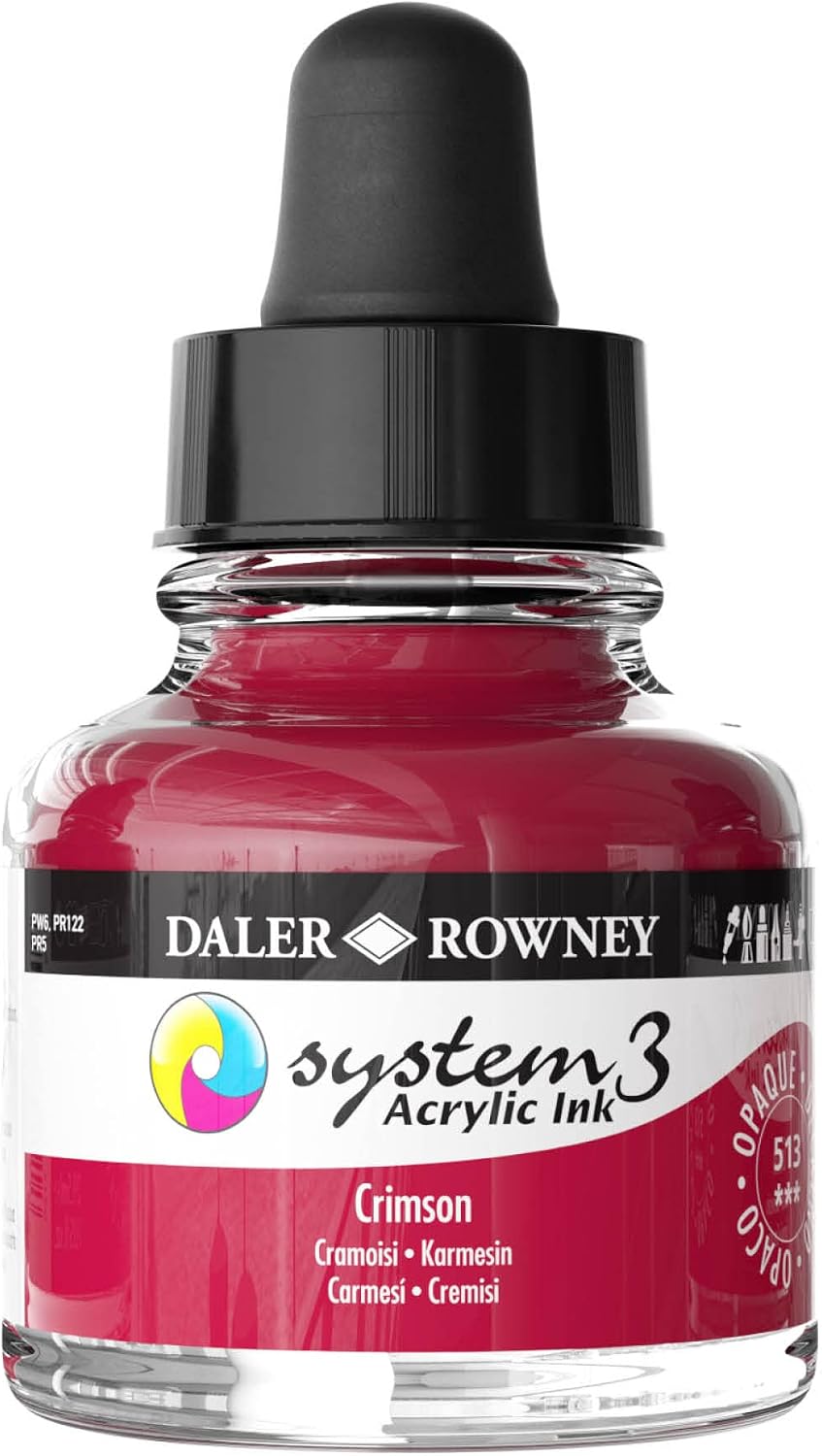 Daler-Rowney System3 Acrylic Ink Bottle Crimson 29.5ml - Versatile Acrylic Ink for Artists and Students - Opaque Calligraphy Ink for Drawing Illustrating Airbrushing Dip Pen Ink and More