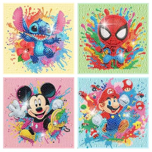 Fuinkqe 4 PCS Diamond Art Kits for Kids Cartoon Diamond Art for Kids Ages 4-8-12 Diamond Art Painting Mosaic Kits for Gift Home Wall Decor (6x6 inch)