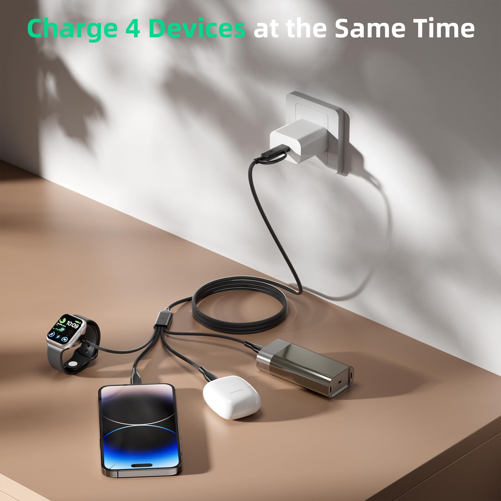A-Pce 4-in-2 Multi Charging Cable with Smartwatch Charging, Black-5FT view 4
