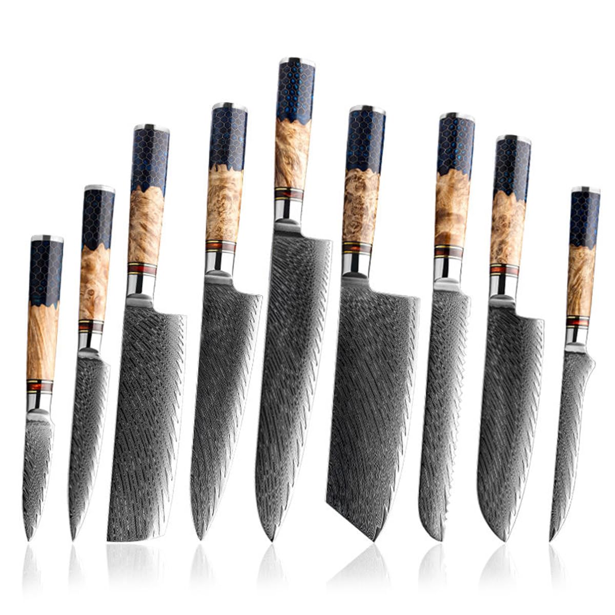 Knife Set 9 Piece Kitchen Knives 67 Layers Blade Damascus Chef Knife Rockwell Hardness 60 2 HRC Ergonomic
