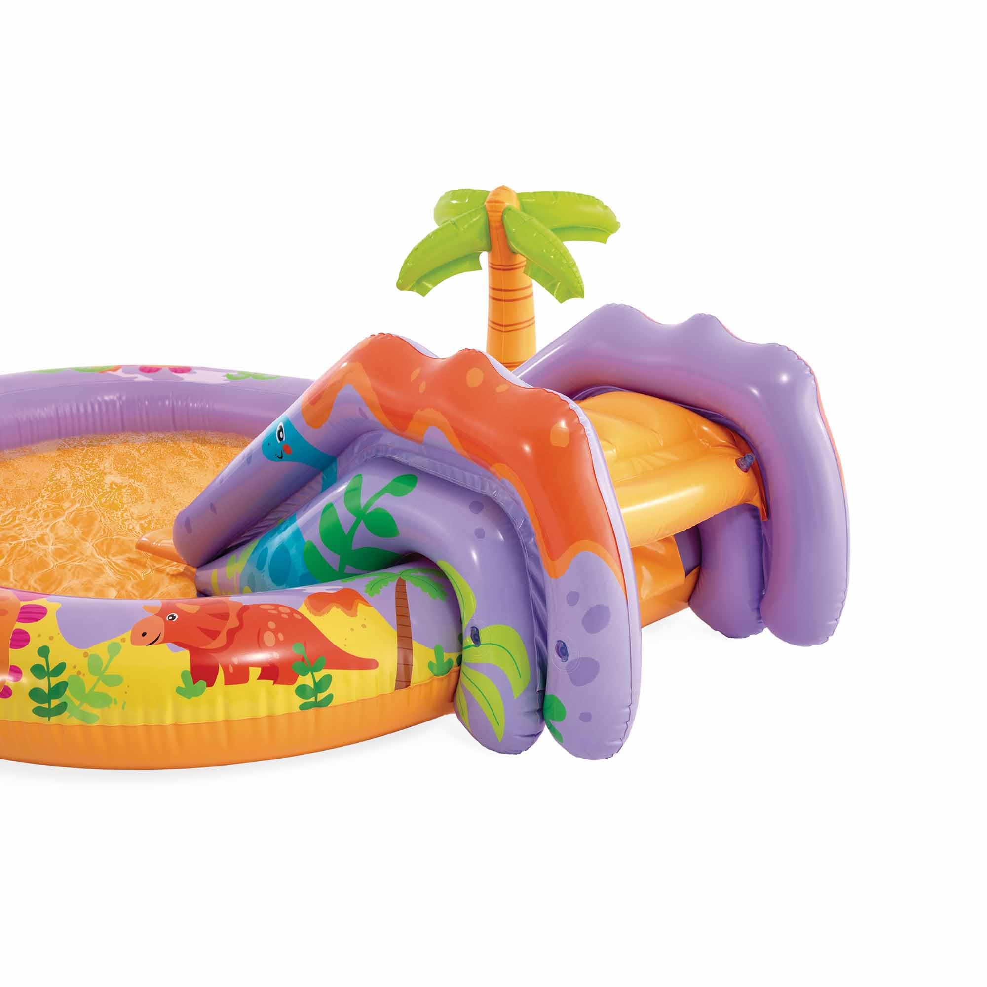 Intex Dino Park Wasserspielzentrum 201 x 157 x 69 cm aufblasbarer Dinosaurier Rutsche mit gepolstertem Boden Wassersprüher Kugelset max. 54 kg ab 2 Jahren