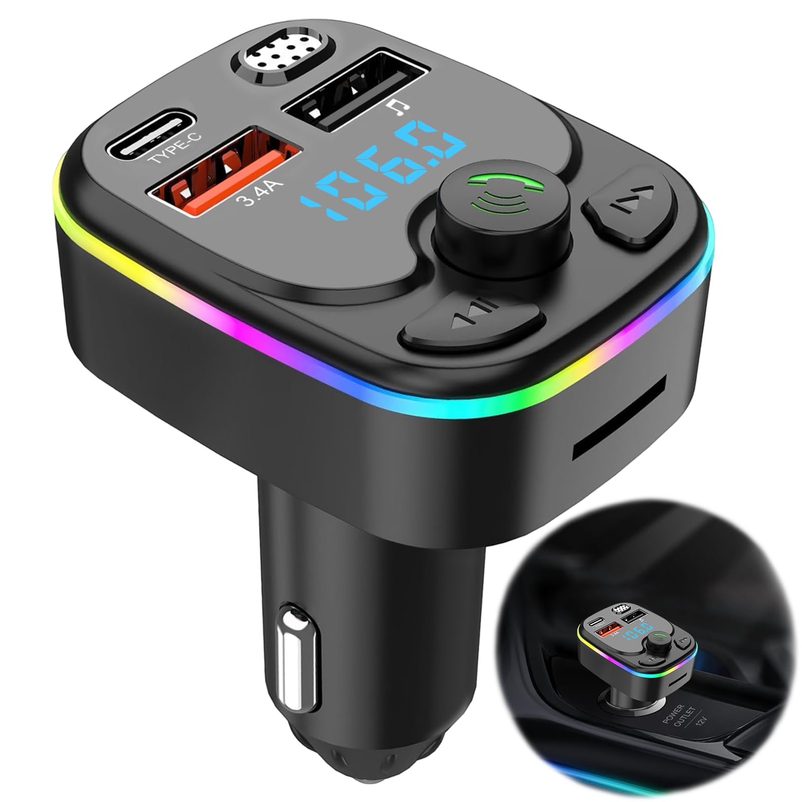 Trasmettitore FM Bluetooth 5.3 per Auto, Ricarica Rapida QC3.0 & PD 20W Bluetooth Auto Aux con 2 porte USB e 1 Type-c, Adattatori Vivavoce,Chiamata Vivavoce