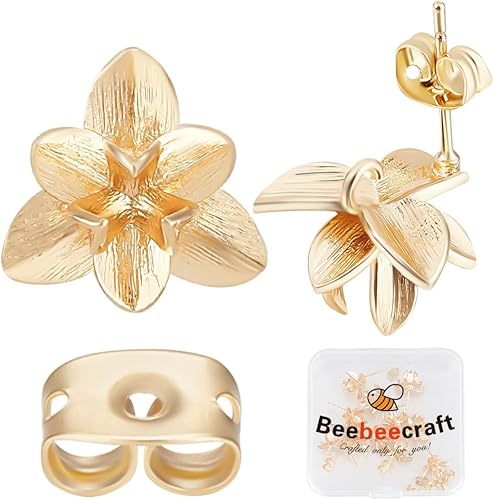 Beebeecraft 1 caja de 14 piezas de aretes de flor chapados en oro de 18 quilates tridimensionales con lazo y parte trasera para hacer joyas