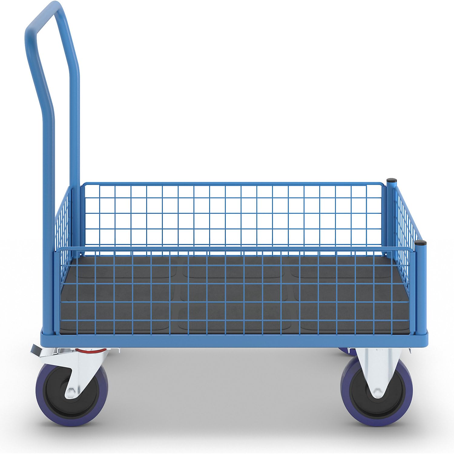 eurokraft pro | Plattformwagen mit Gitterwänden | Vollelastik-Rollen, 4 halbhohe Gitter, LxB 1000 x 650 mm