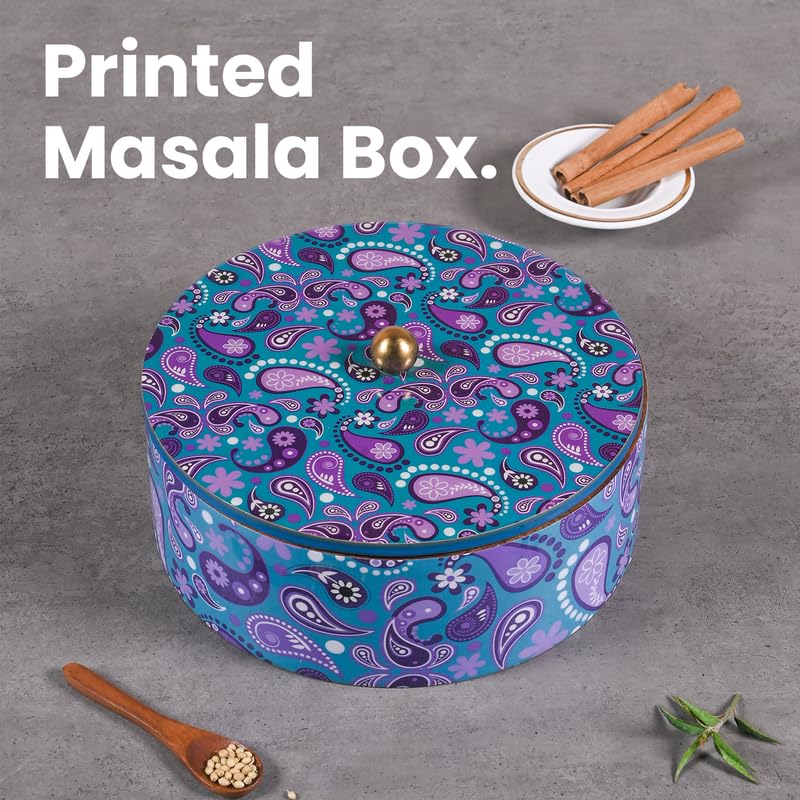 Image of Wooden Masala Box for Kitchen - 7 Stainless Steel Jars with Wooden Spoon | Stainless Steel Brass Lid with Knob | Multipurpose Dry Fruit & Spice Storage - Purple (Printed)