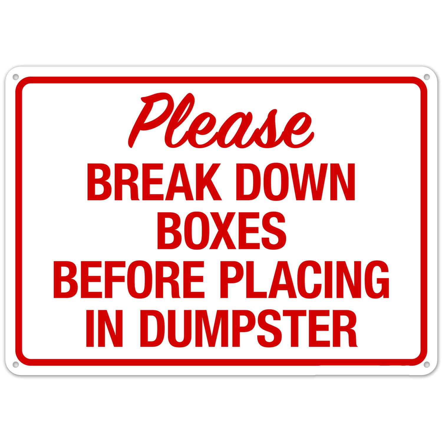 Break Down Boxes Before Disposal In Dumpster, Metal Tin Sign 12 x 8 Inch, Waste Rule Notice
