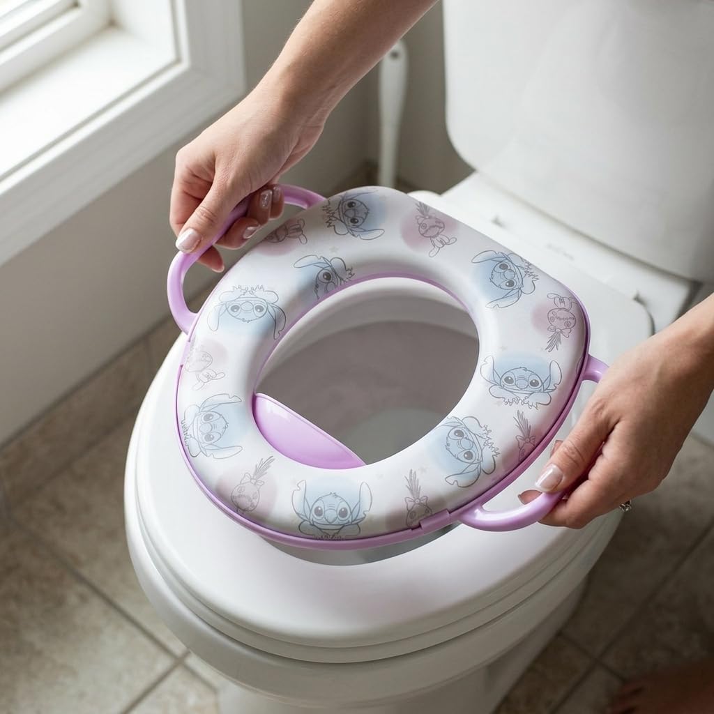 Inodoro infantil Soft con asas, reductor de inodoro con estampado de Disney Stitch, asiento cómodo y antideslizante, fácil de limpiar.