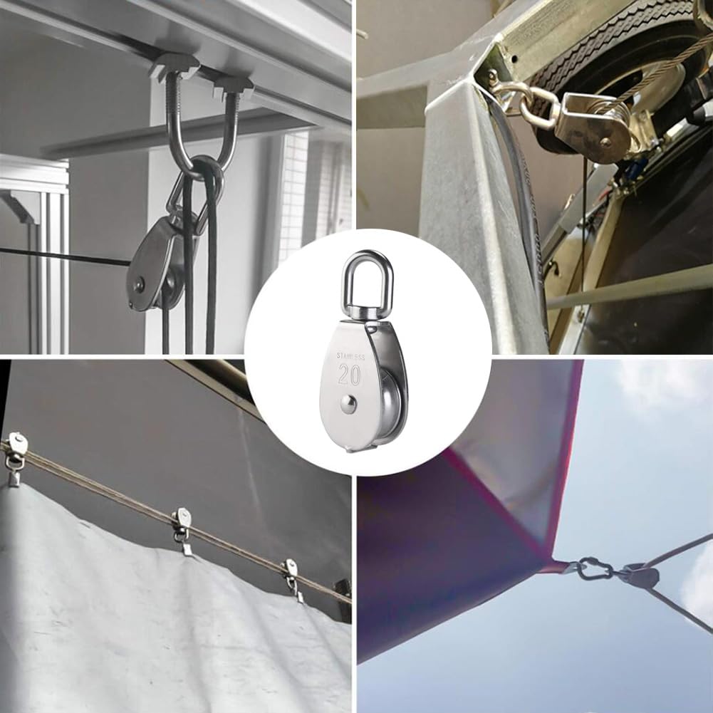 6 Stück M20 Drehbare Umlenkrollen Einzelrolle Edelstahl 304 für 8mm Seile | 360 Grad Drehbare Umlenkrolle mit Festem Auge,Tragfähigkeit: 75 kg