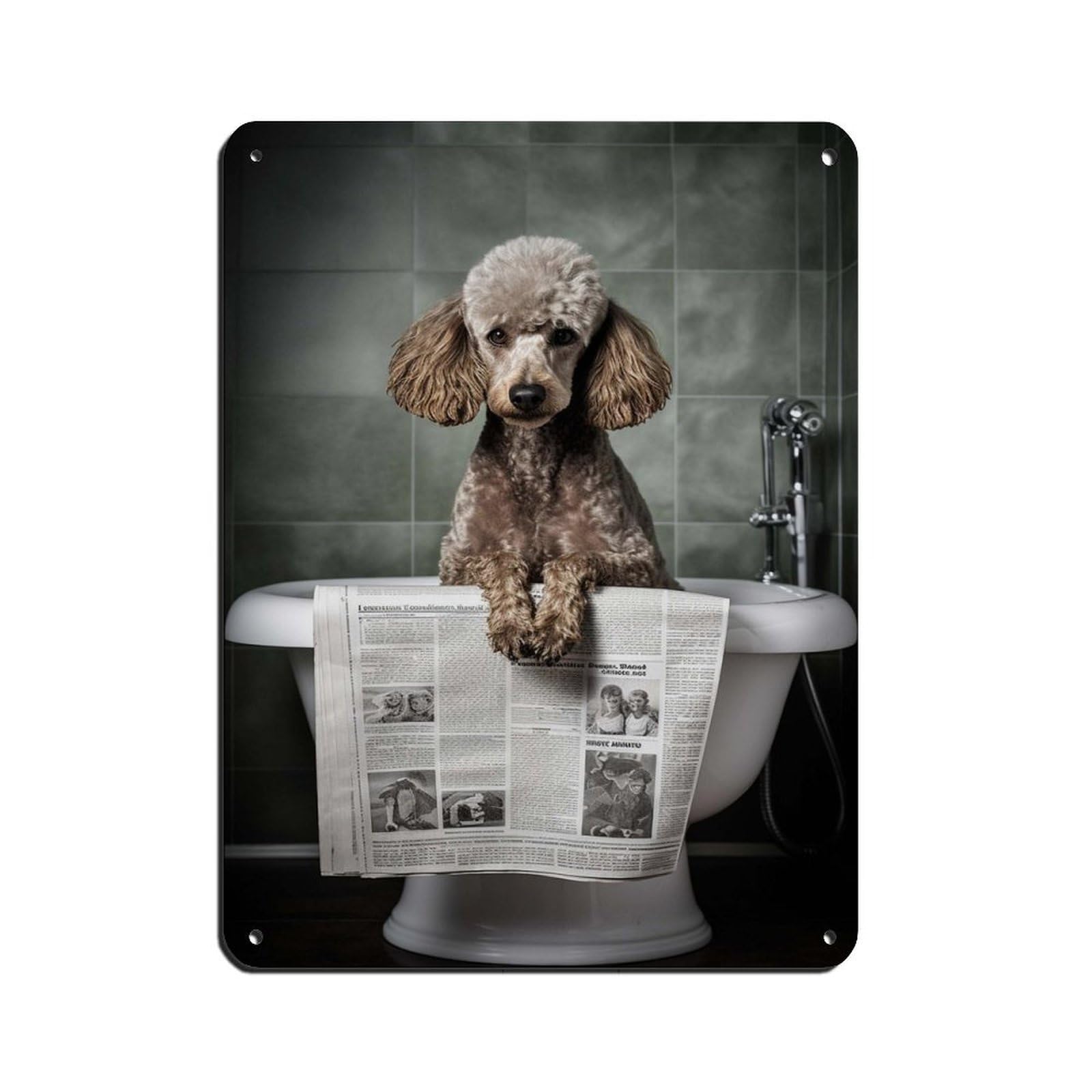 Poodle on Toilet Reading The Newspaper Tin Sign Vintage Metal Pub Club Cafe Bar Home Wall Art Decoration Poster Retro 12x16inch(30x40cm)